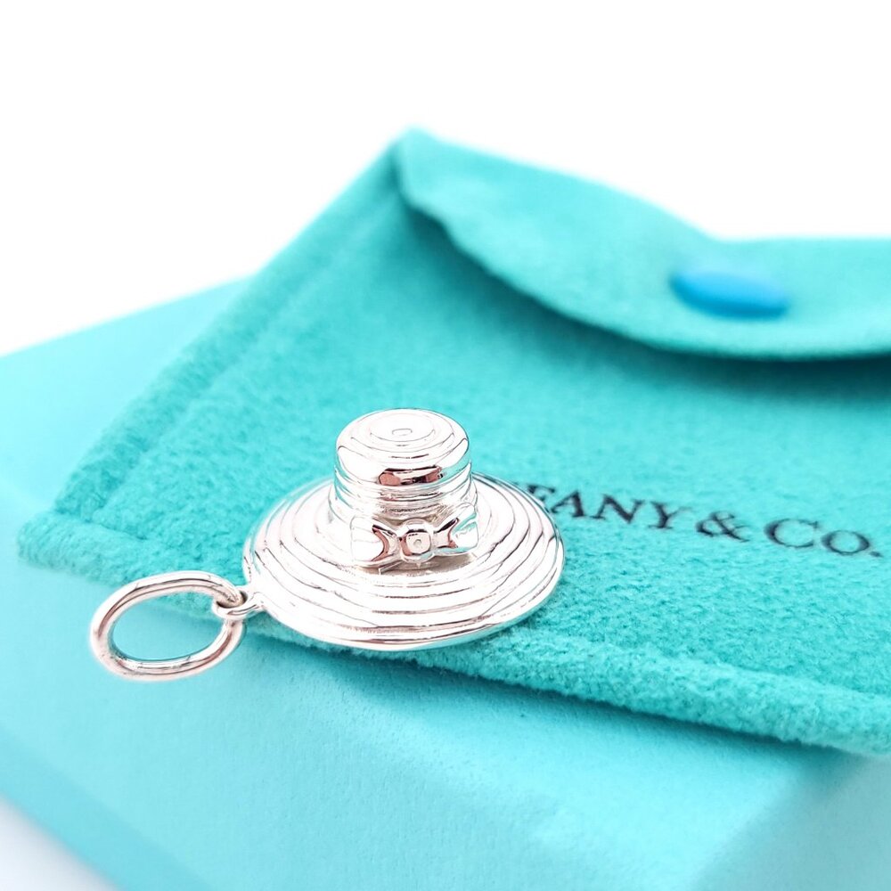 Vintage Tiffany & Co. Sterling Silver Sun Straw Hat Charm Pendant Pouch & Box